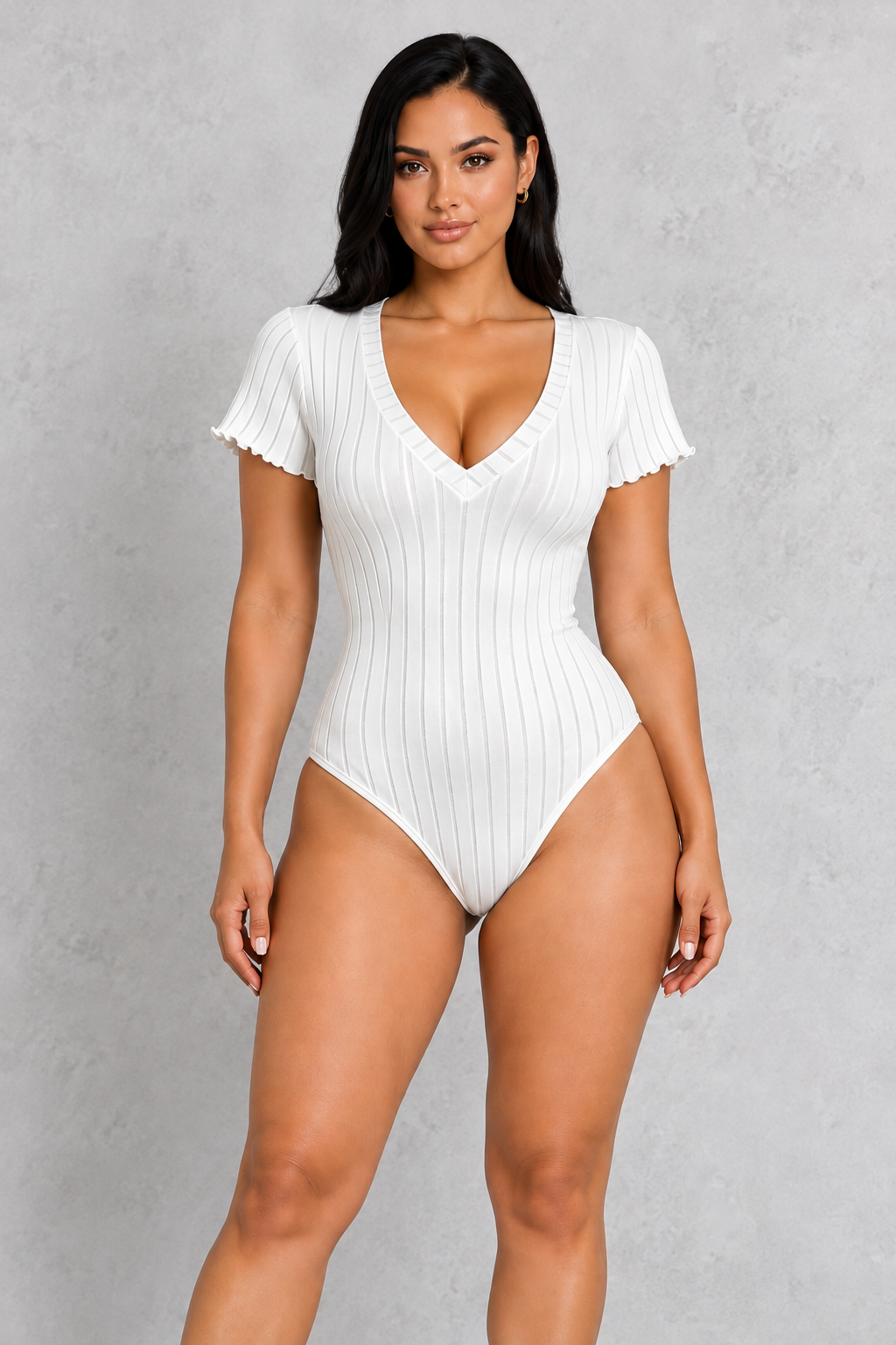 Sculp Ribbed V-Neck Bodysuit – White, front view