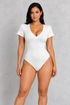 Sculp Ribbed V-Neck Bodysuit – White, front view