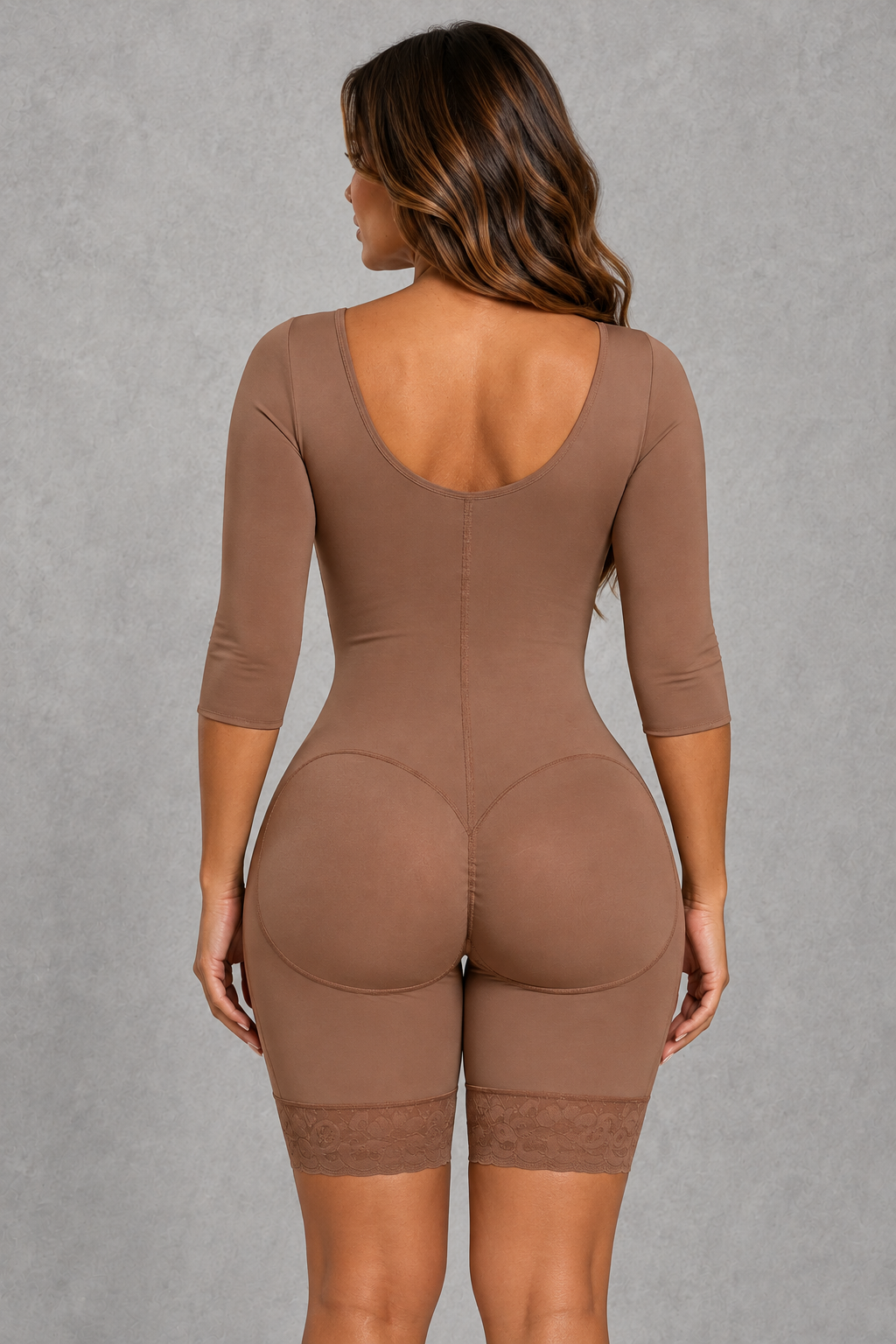 Sculp Colombian Faja Bodysuit in Brown, back view with butt lift