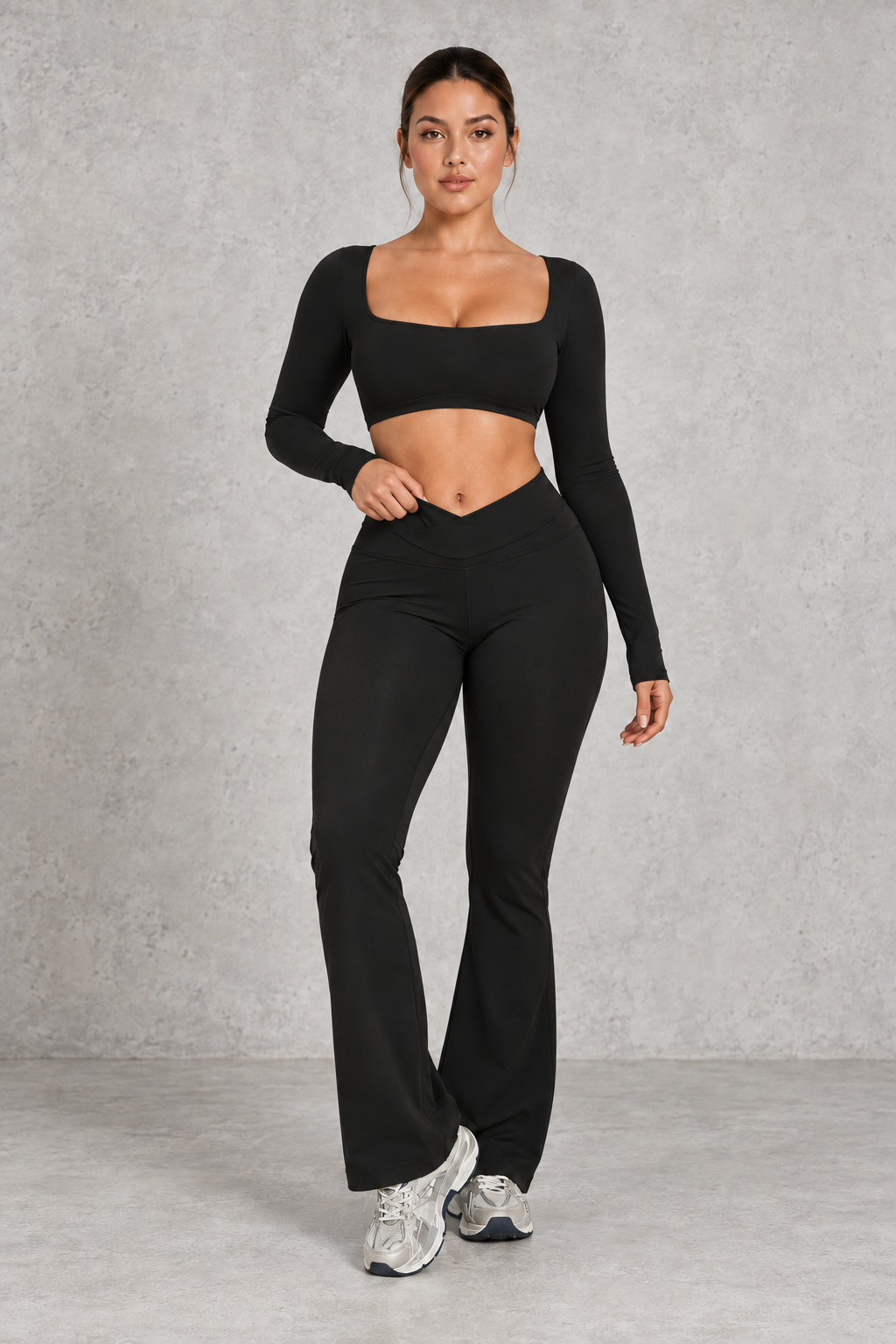 Sculp Flared Leggings Yoga Set in Black – front view