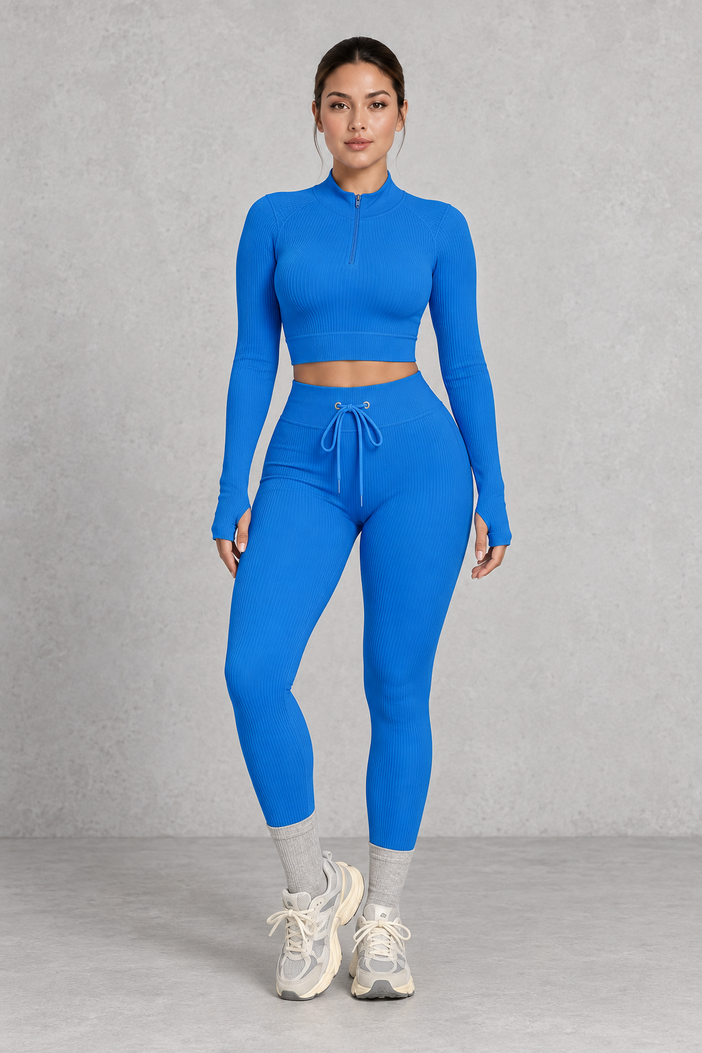 Sculp Ribbed Half-Zip Gym Co-Ord in Cobalt Blue – front view