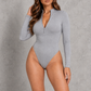 Sculp Long Sleeve Zip-Front Thong Bodysuit – Grey