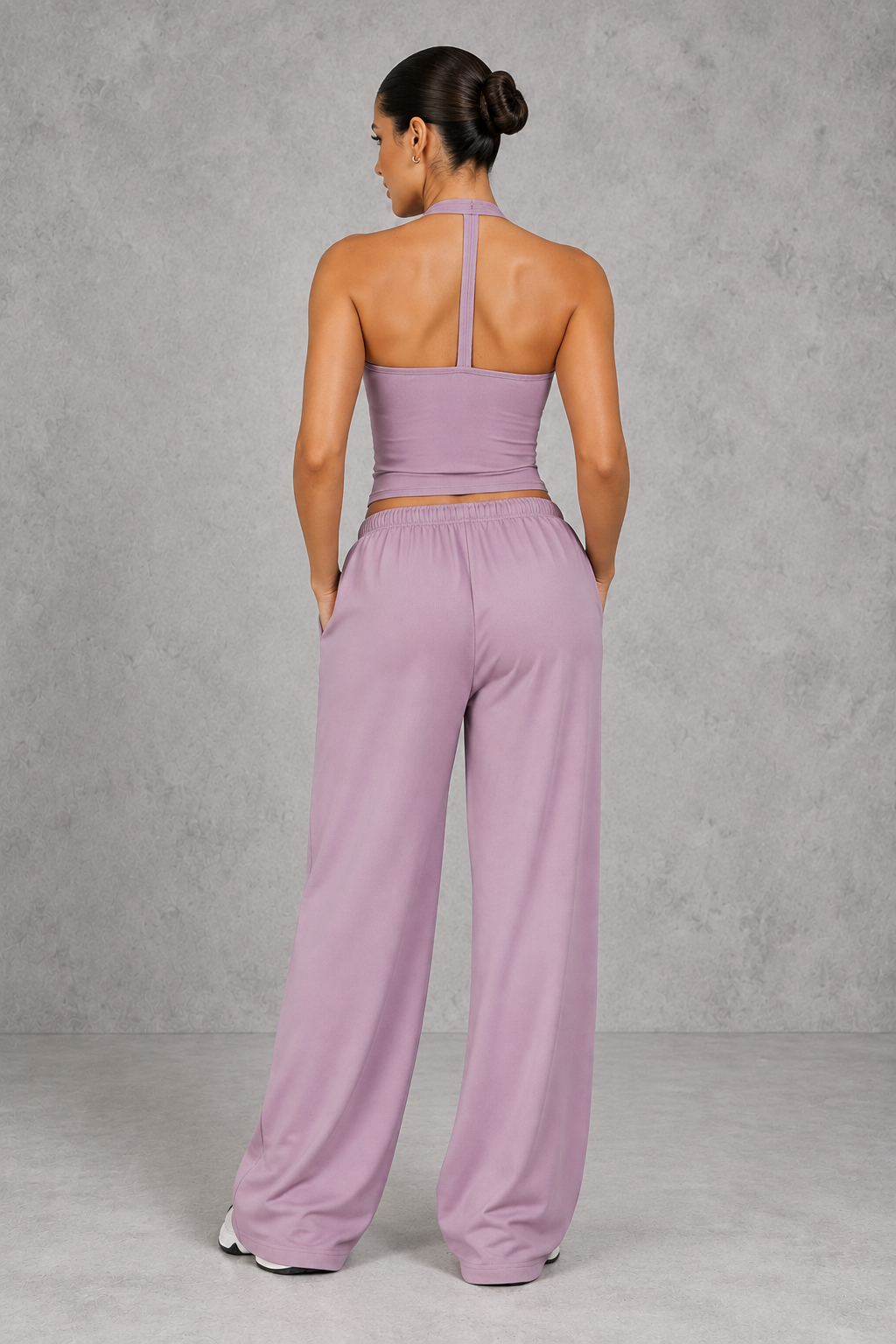 Sculp Wrap Top & Wide Leg Joggers Lounge Set in Purple – back view of halter top and joggers