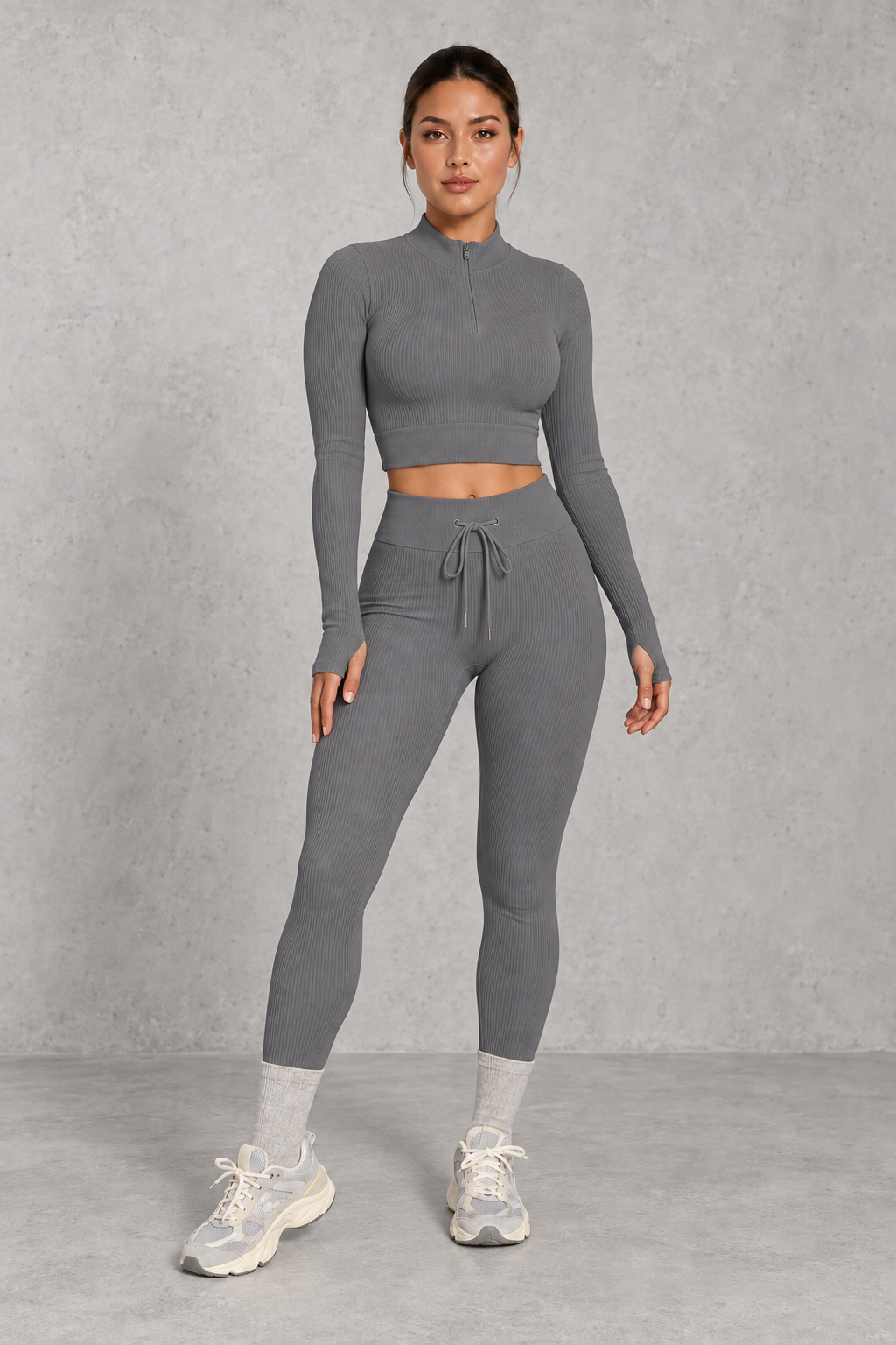 Sculp Ribbed Half-Zip Gym Co-Ord in Grey – front view