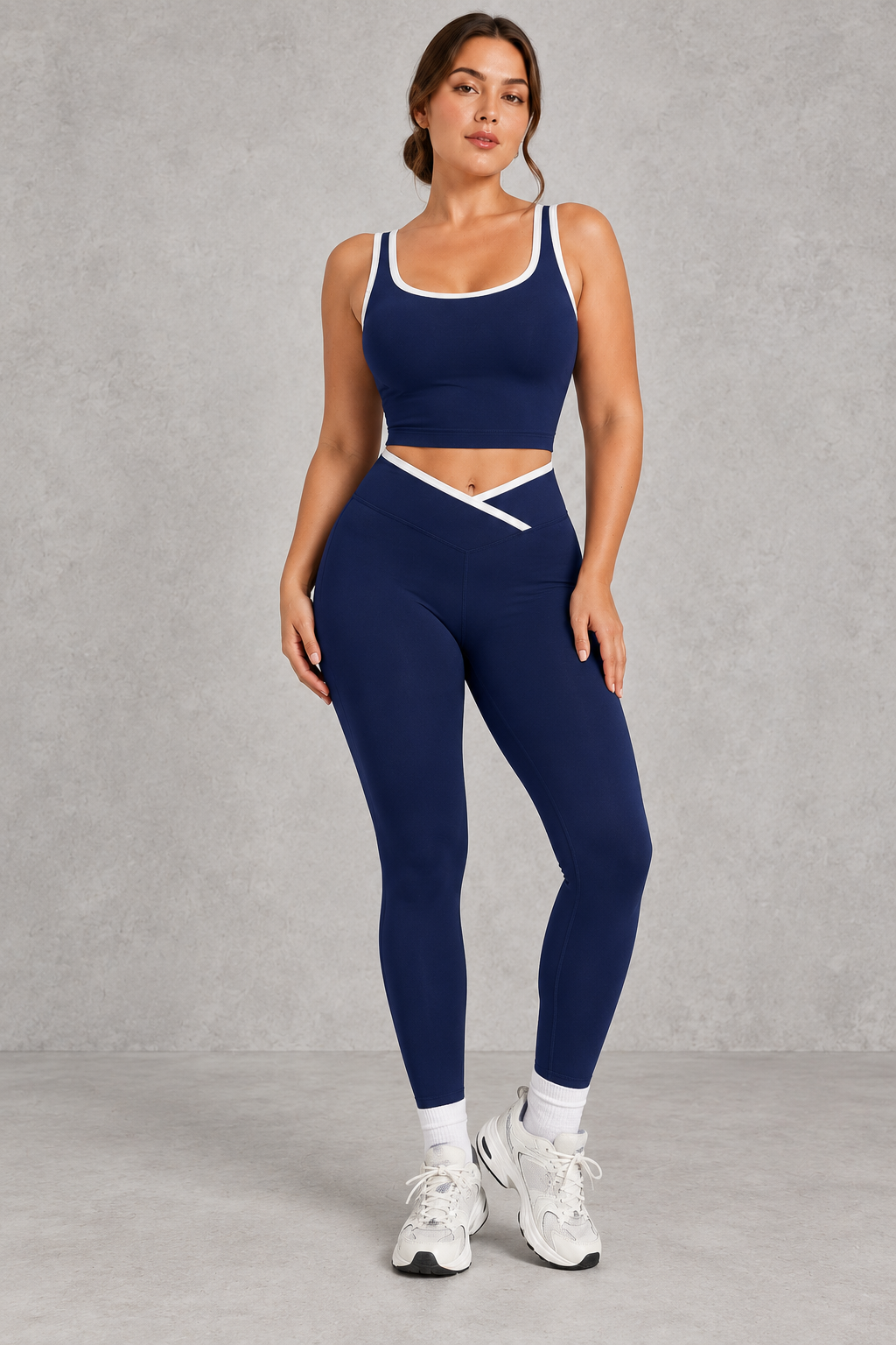 Sculp Crossover Leggings & Sports Bra Gym Set in Navy Blue – front view