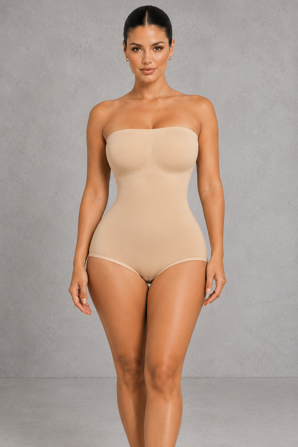 Sculp seamless strapless brief shaping bodysuit in nude, front view