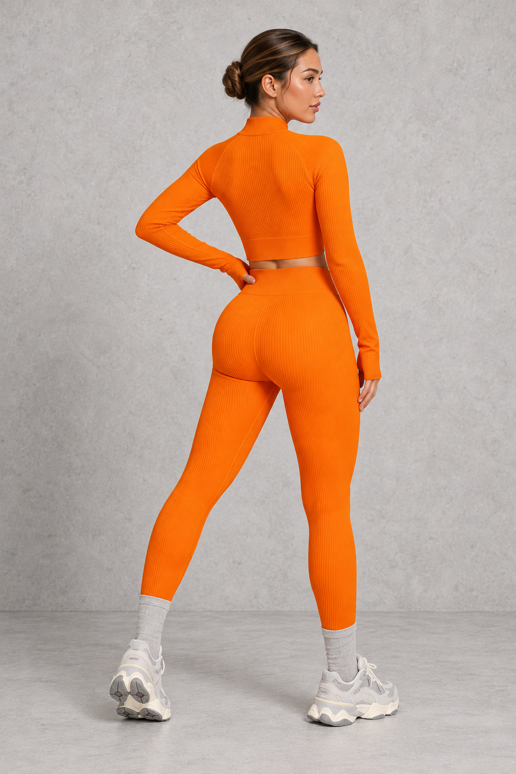 Sculp Ribbed Half-Zip Gym Co-Ord in Orange – back view