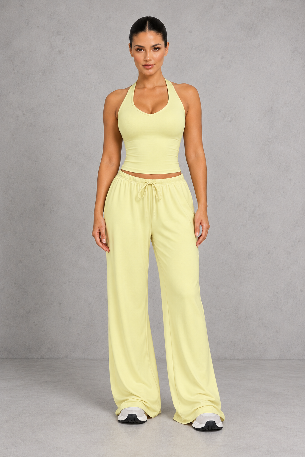 Sculp Wrap Top & Wide Leg Joggers Lounge Set in Light Yellow – front view with halter top and joggers