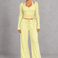 Sculp Wrap Top & Wide Leg Joggers Lounge Set in Light Yellow – front view with tie-front wrap top