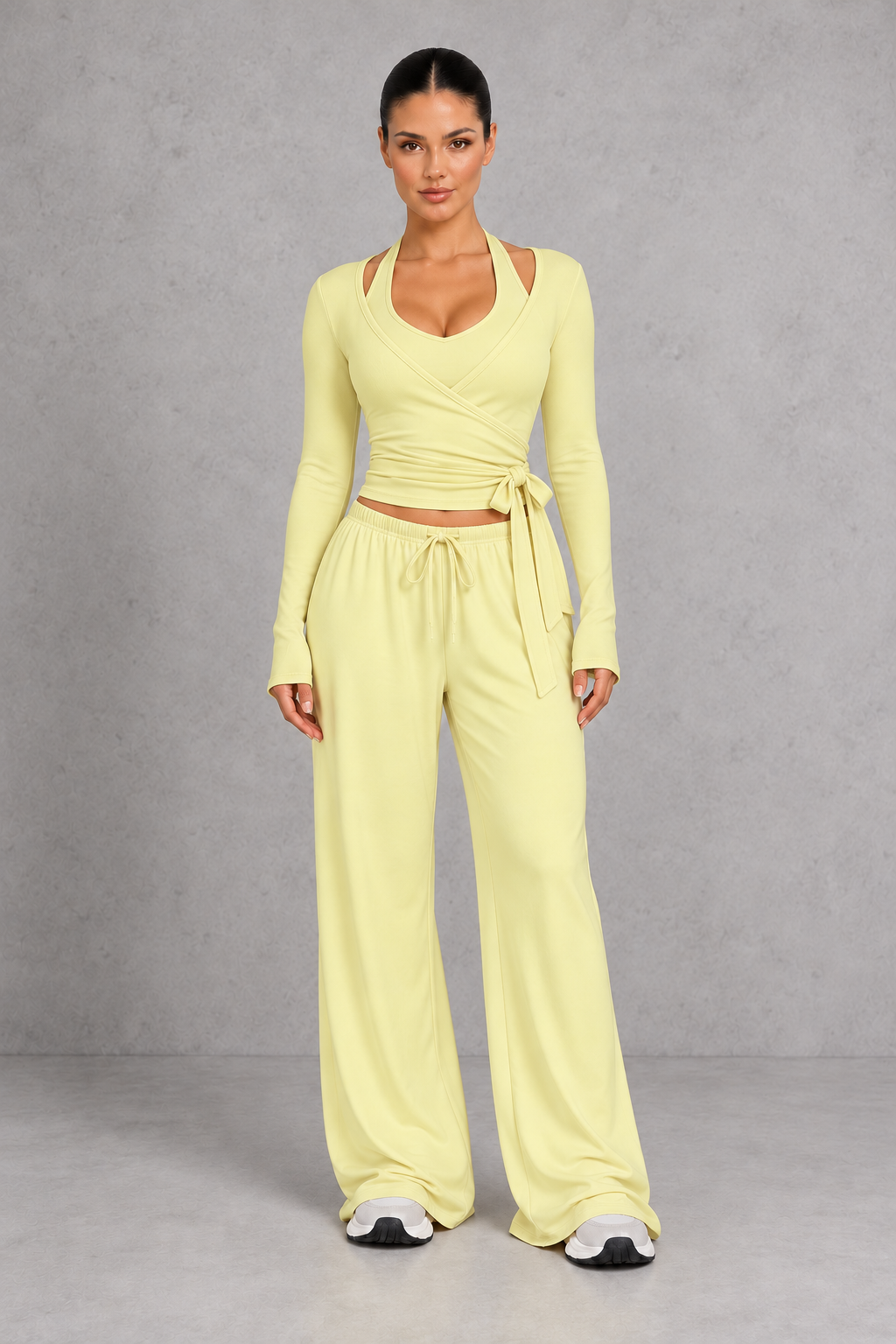 Sculp Wrap Top & Wide Leg Joggers Lounge Set in Light Yellow – front view with tie-front wrap top