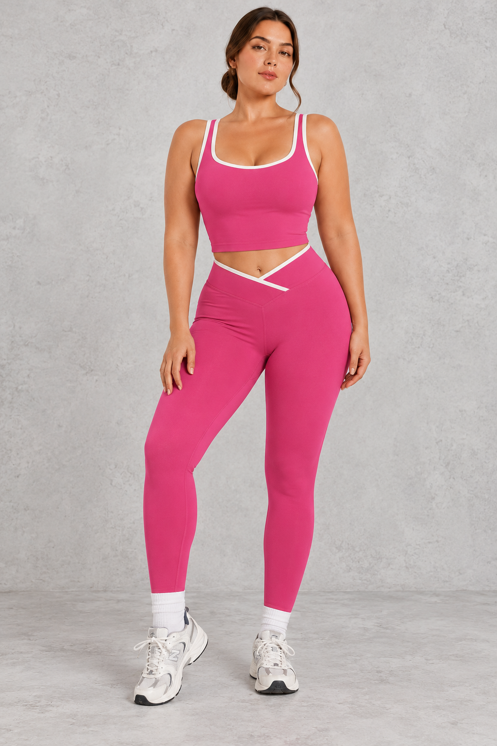 Sculp Crossover Leggings & Sports Bra Gym Set in Hot Pink – front view