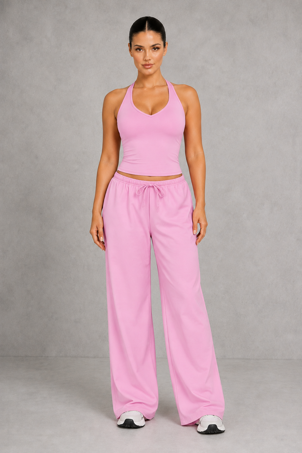 Sculp Wrap Top & Wide Leg Joggers Lounge Set in Rose Pink – front view with halter top and joggers