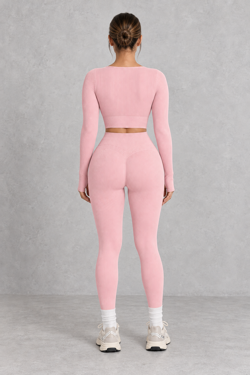 Sculp Ribbed Square Neck Gym Co-Ord in Pink – back view