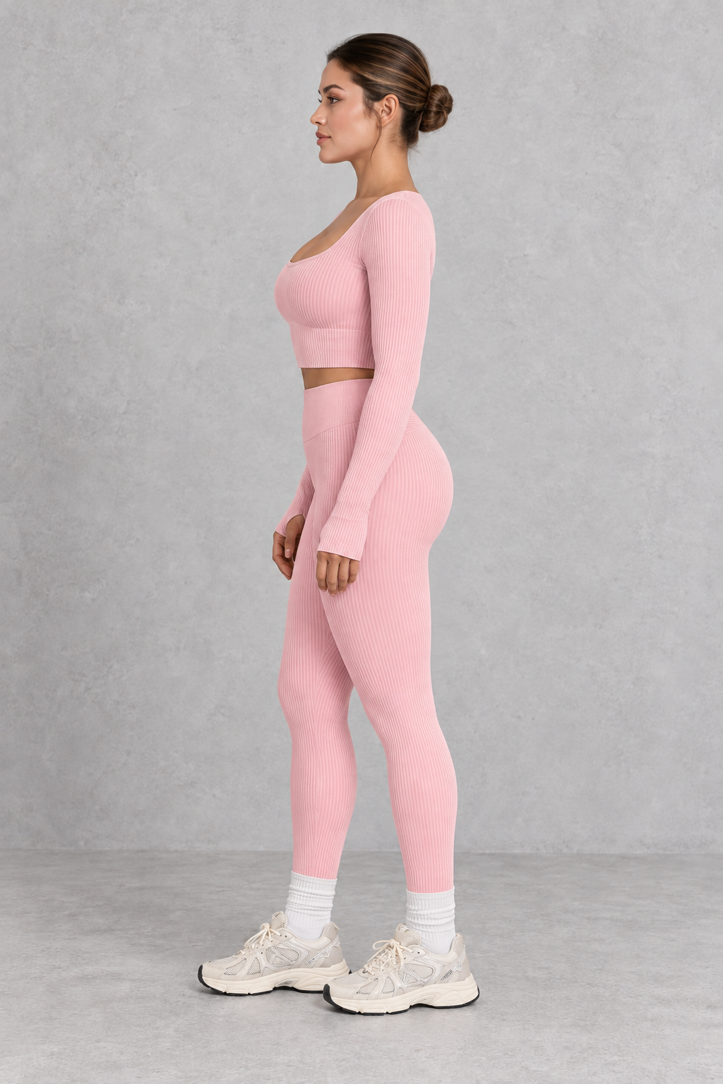 Sculp Ribbed Square Neck Gym Co-Ord in Pink – side view