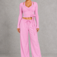 Sculp Wrap Top & Wide Leg Joggers Lounge Set in Rose Pink – front view with tie-front wrap top