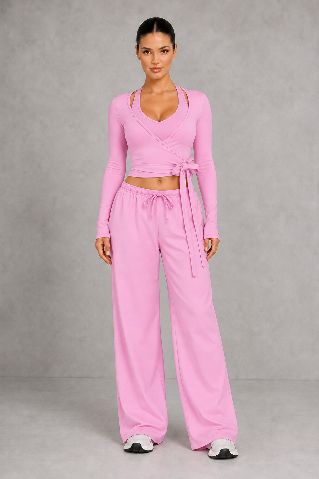 Sculp Wrap Top & Wide Leg Joggers Lounge Set in Rose Pink – front view with tie-front wrap top