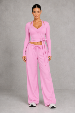 Sculp Wrap Top & Wide Leg Joggers Lounge Set in Rose Pink – front view with tie-front wrap top