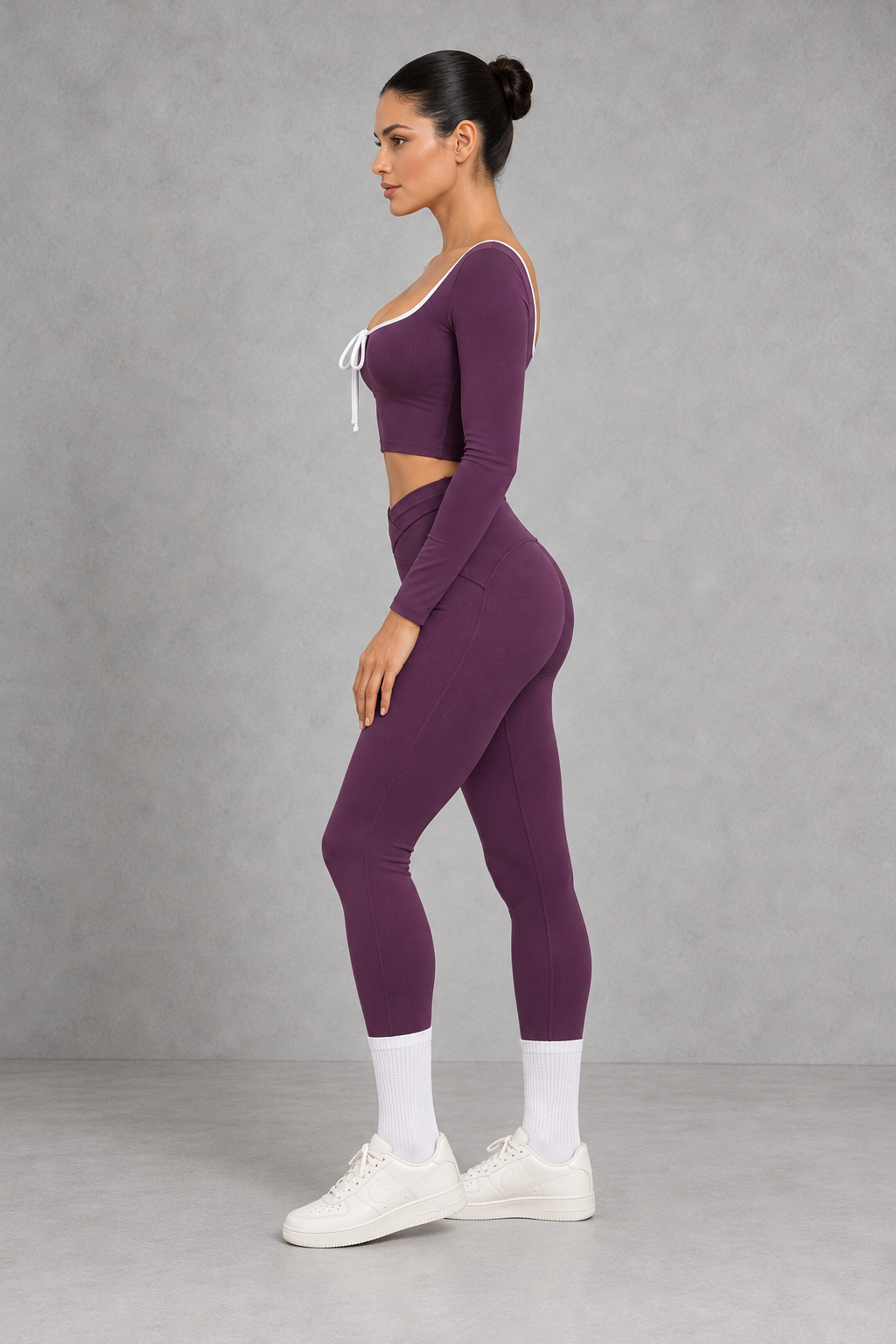 Sculp Long Sleeve Crop Top & Crossover Leggings Set in Purple – side view