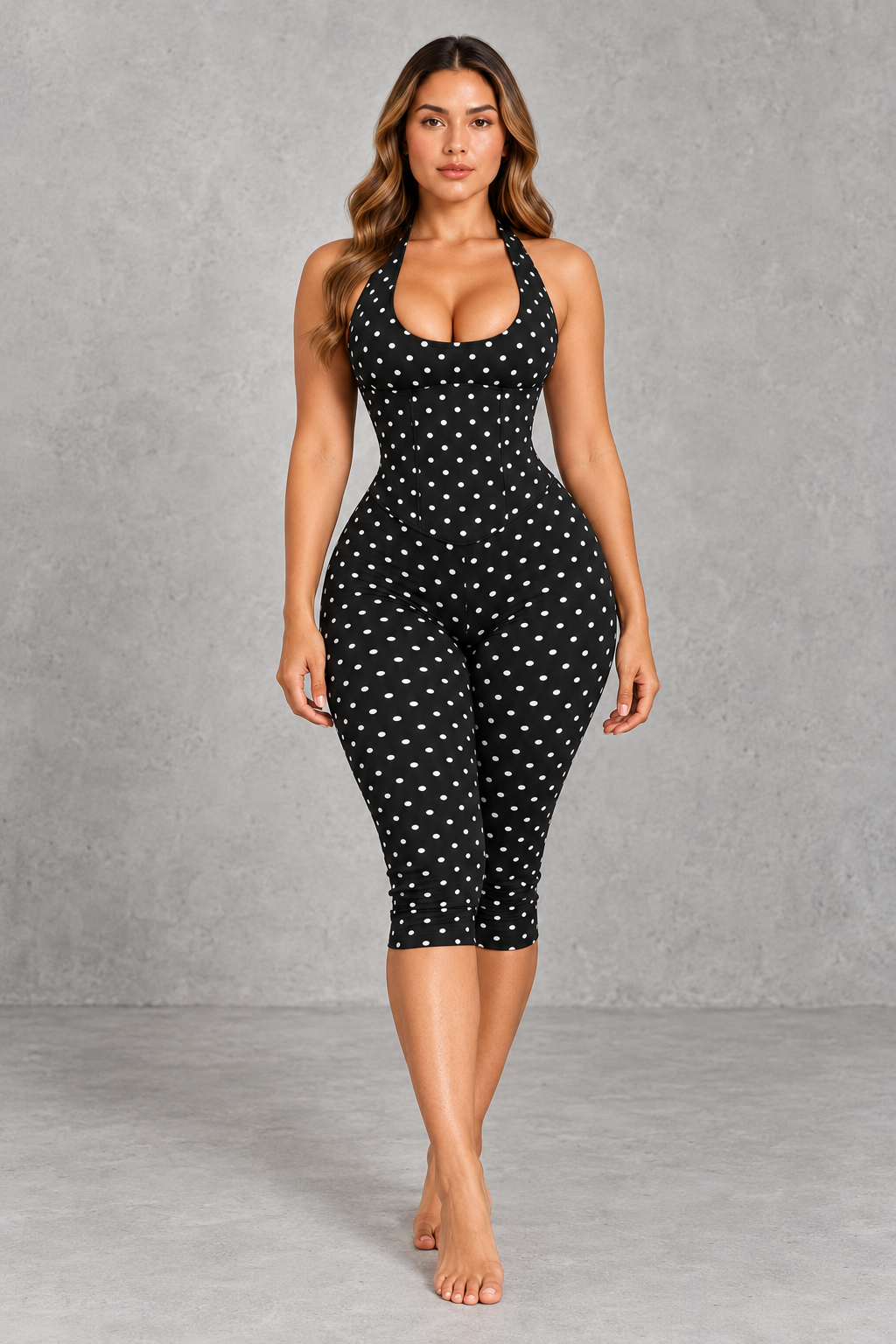 Sculp backless halter capri jumpsuit in polka dot