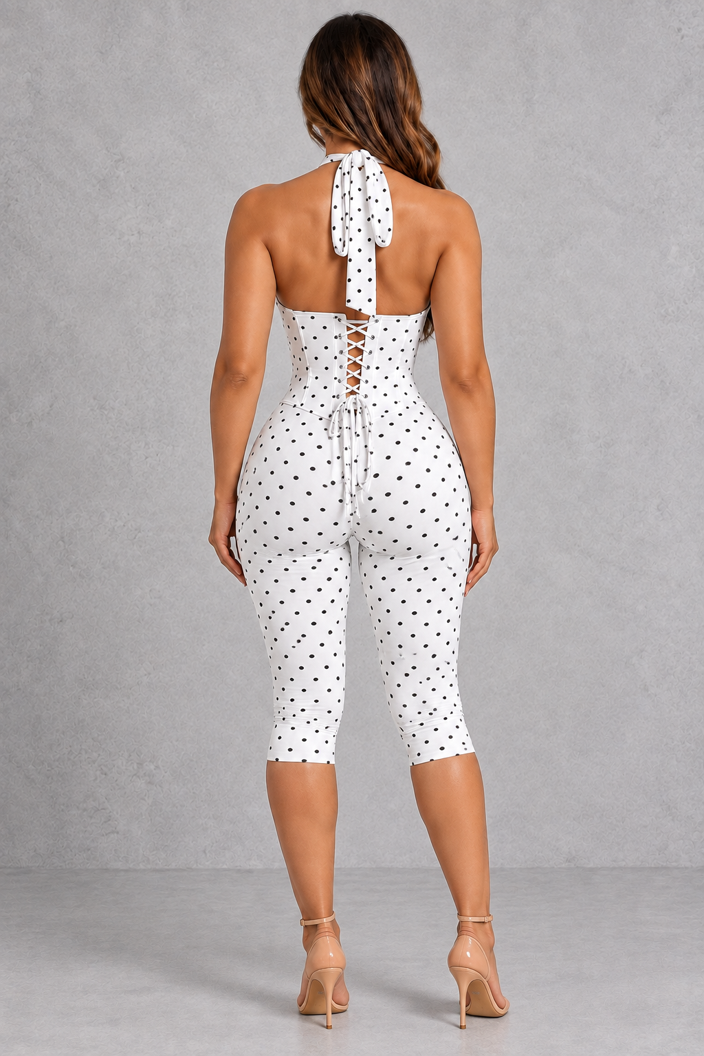 Sculp Backless Halter Capri Jumpsuit – Corset Waist & Lace-Up Back