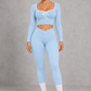 Sculp Long Sleeve Crop Top & Crossover Leggings Set in Blue – front view