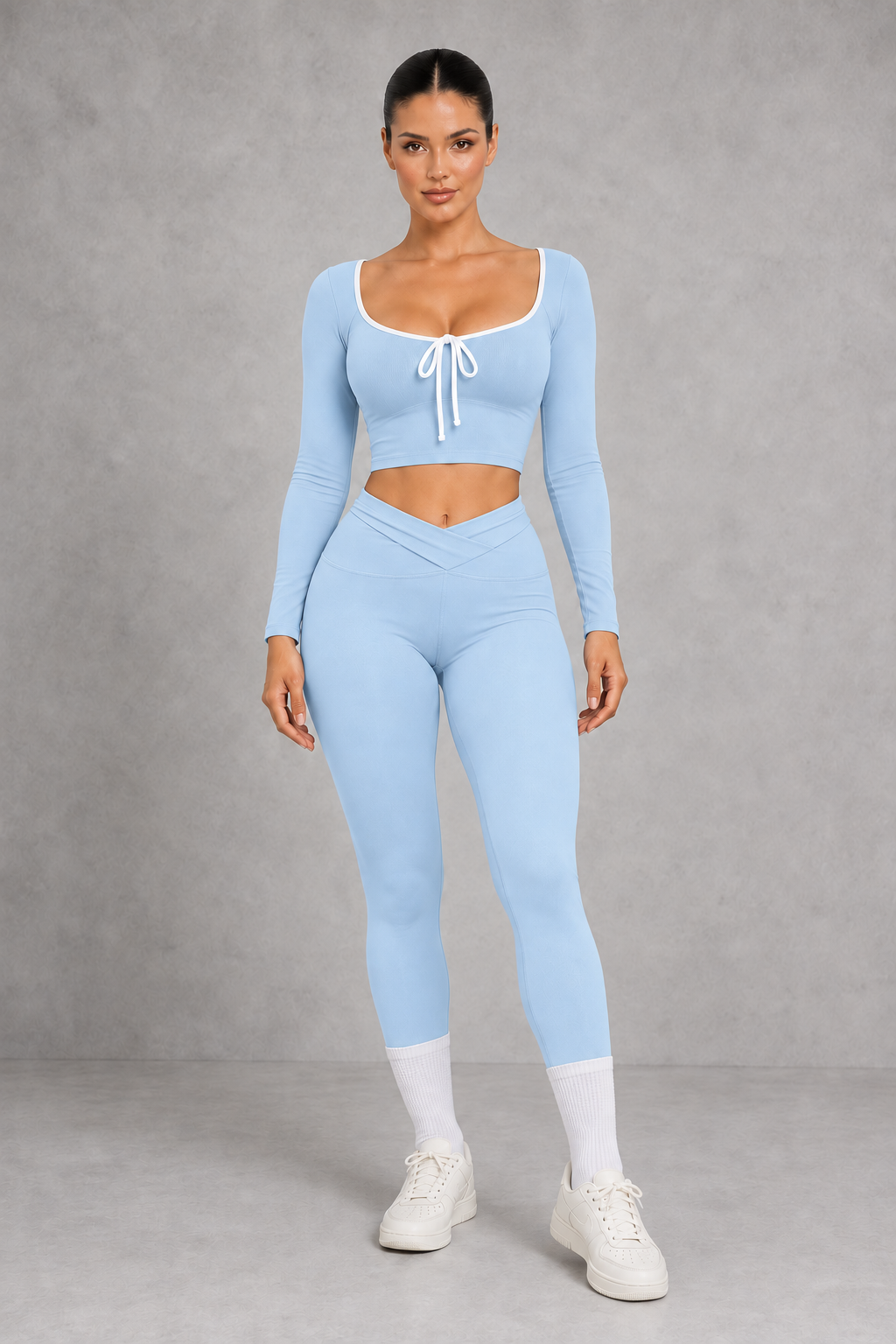Sculp Long Sleeve Crop Top & Crossover Leggings Set in Blue – front view