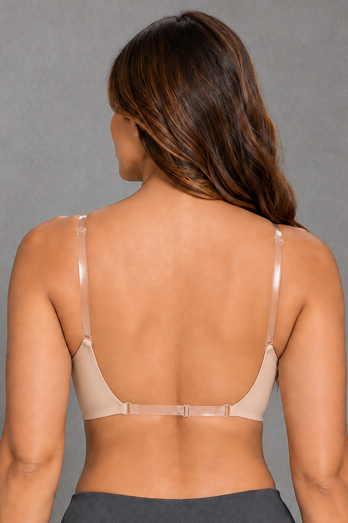 Sculp Low Back Plunge Push-Up Bra in Nude, back view with clear straps