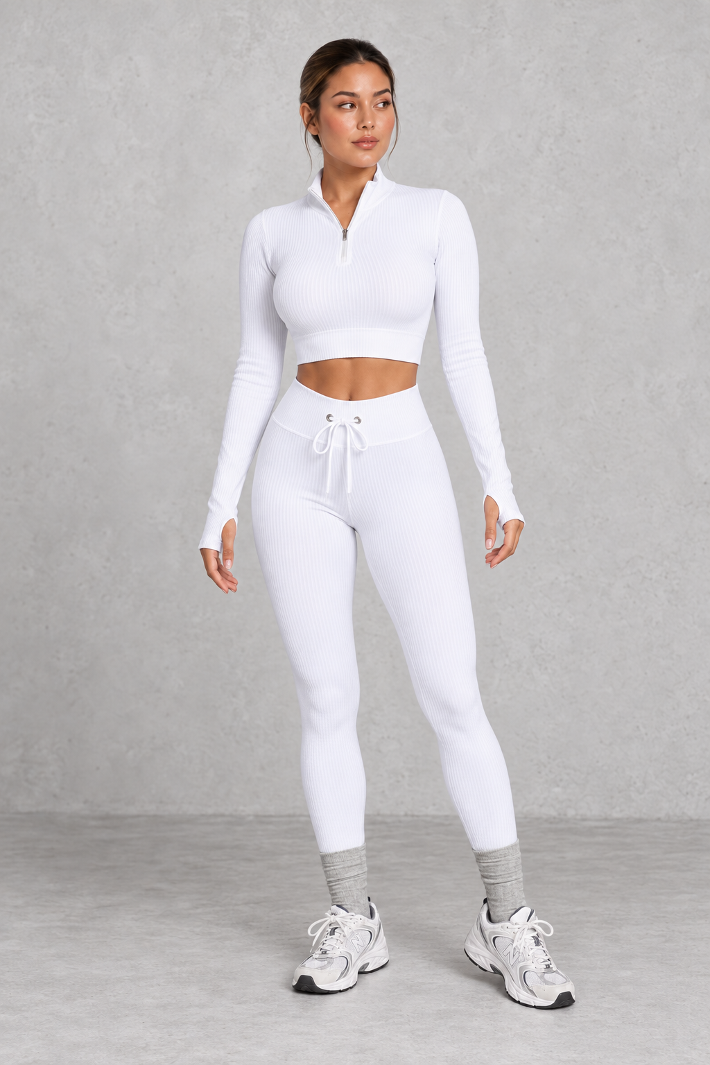 Sculp Ribbed Half-Zip Gym Co-Ord in White – front view