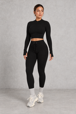 Sculp Ribbed Half-Zip Gym Co-Ord in Black – three-quarter view