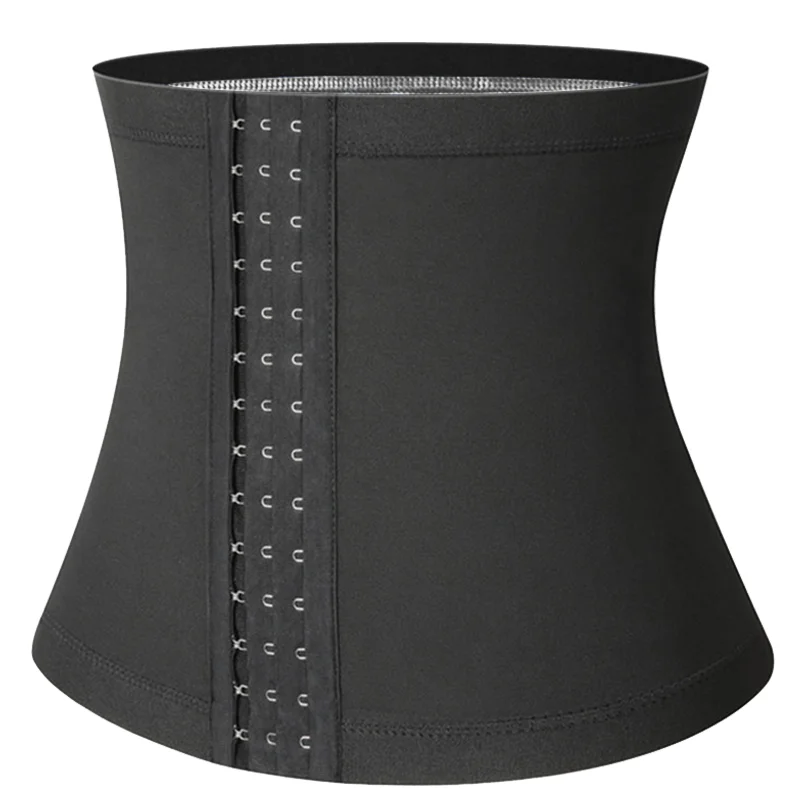 Sauna sweat waist trimmer belt with hook-front closure and silver lining