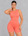 Sleeveless open back gym unitard with mid-thigh shorts