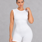 Sleeveless open back gym unitard with mid-thigh shorts