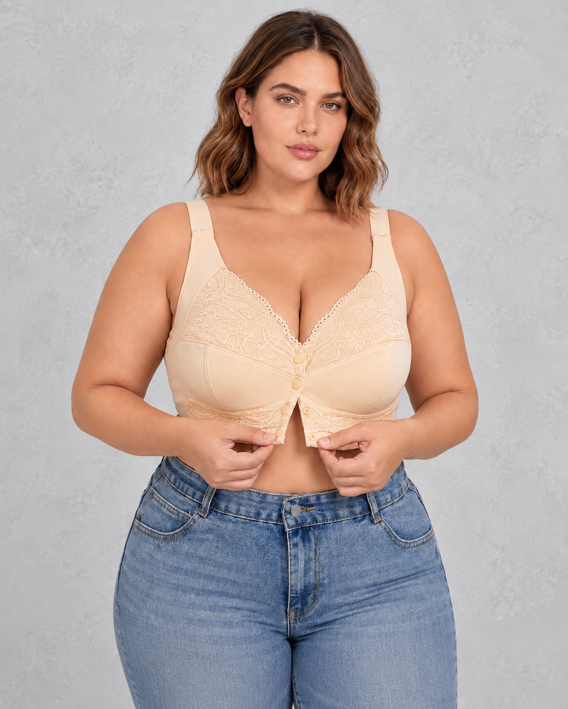 Sculp Front Closure Lace Comfort Bra in Nude – front closure detail
