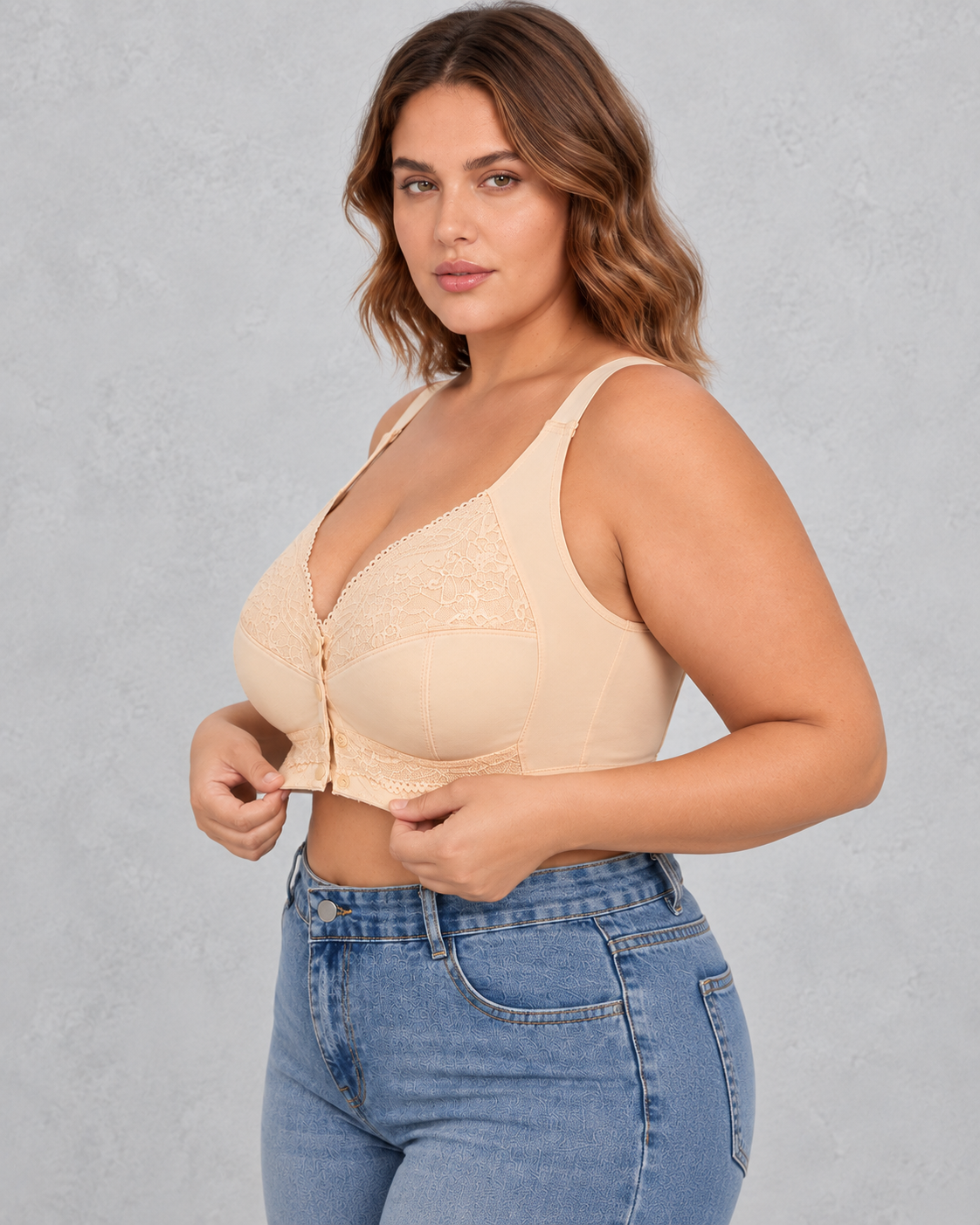 Sculp Front Closure Lace Comfort Bra in Nude – side