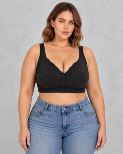 Sculp Front Closure Lace Comfort Bra in Black – front