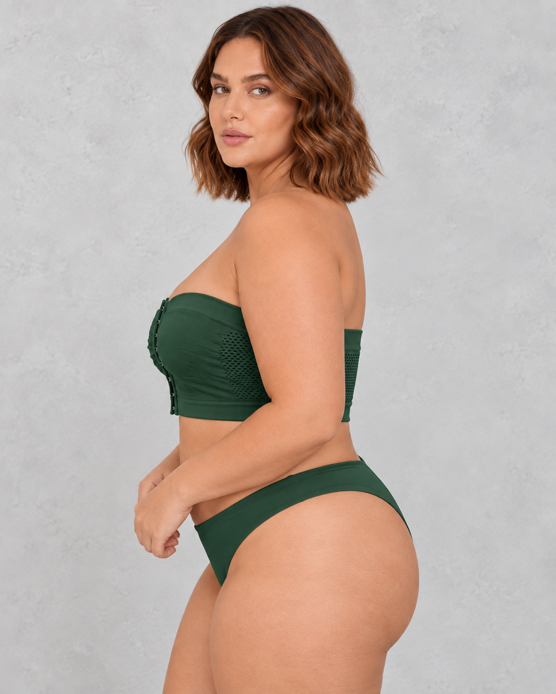 Sculp Strapless Front Closure Bandeau Bra in Dark Green – side