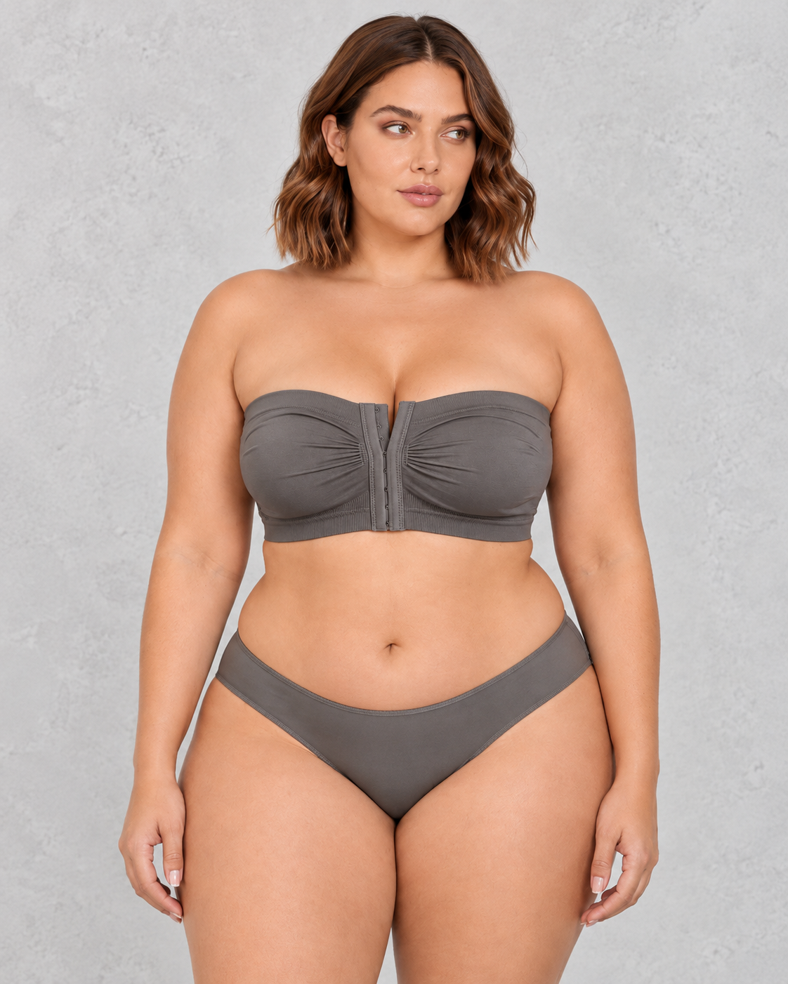 Sculp Strapless Front Closure Bandeau Bra in Dark Grey – front