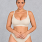 Seamless wireless comfort bra with scoop neck and wide band