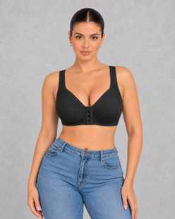 Front closure wireless bra with full-coverage cups and wide straps