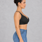 Front closure wireless bra with full-coverage cups and wide straps