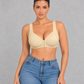 Front closure wireless bra with full-coverage cups and wide straps