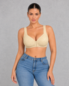 Front closure wireless bra with full-coverage cups and wide straps