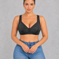 Front closure wireless bra with full-coverage cups and wide straps