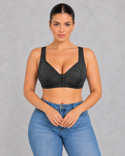 Front closure wireless bra with full-coverage cups and wide straps