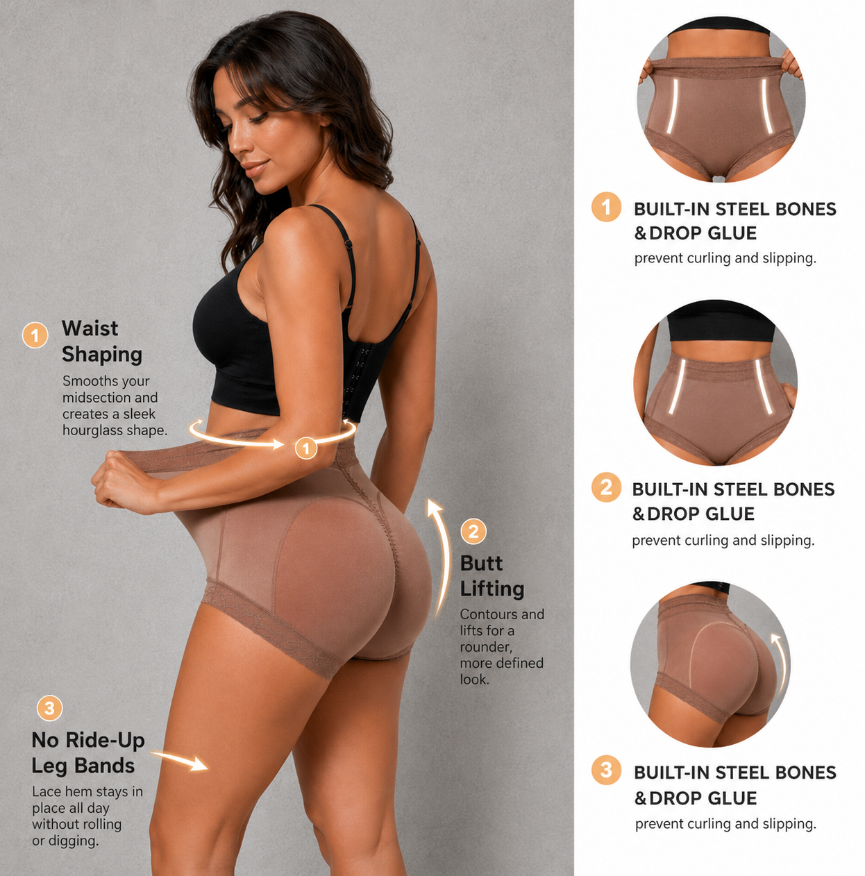 A woman modeling a pair of beige high-waisted shaping briefs against a light gray studio background, with three inset close-ups on the right showing the product and callout text describing features like built-in steel bones, drop glue, waist shaping, butt lifting, and no ride-up leg bands.