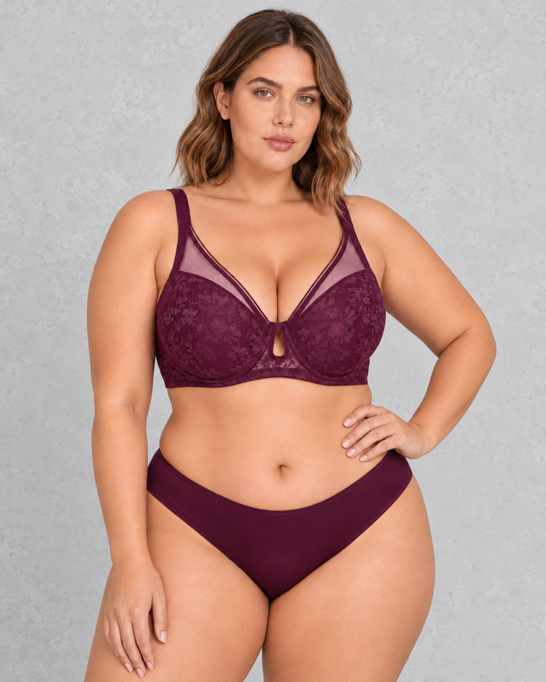 Sculp Keyhole Lace & Mesh Underwired Bra in Plum – front