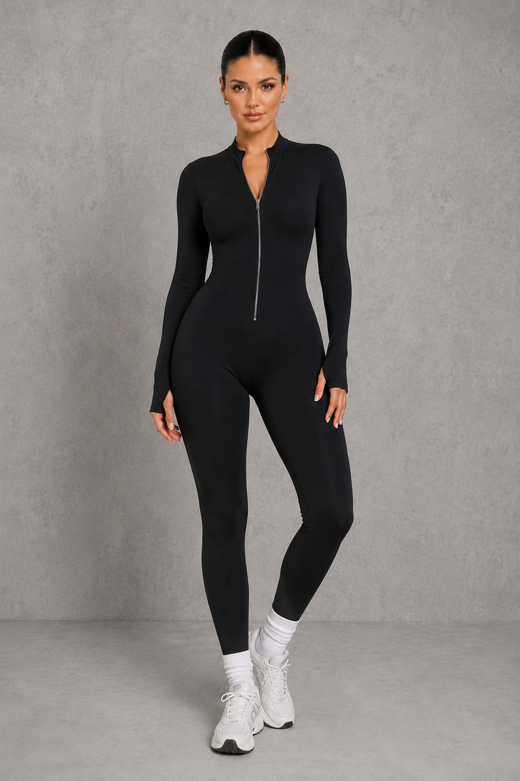 Sculp Long-Sleeve Zip-Front Sculpting Yoga Jumpsuit