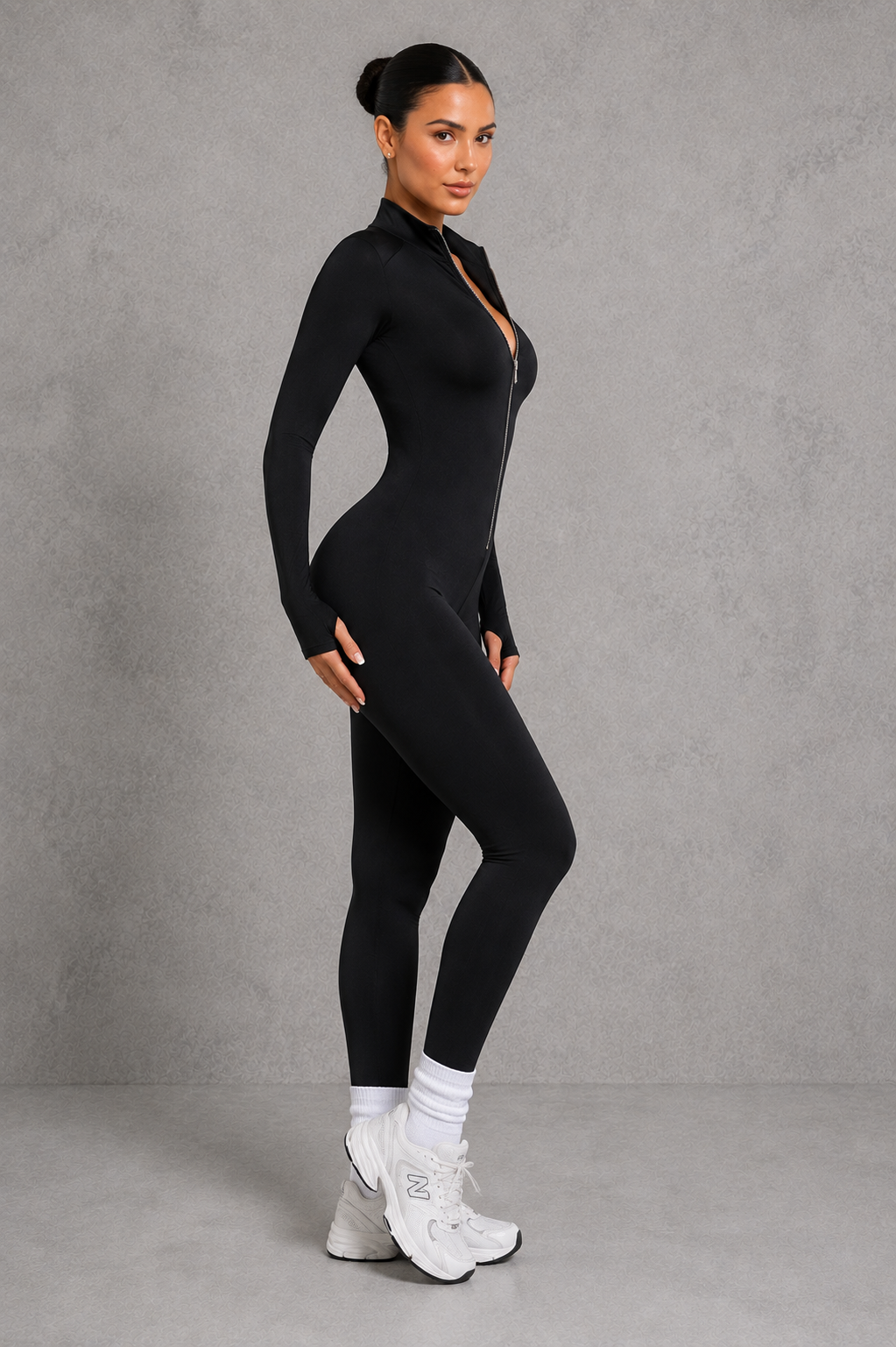 Sculp Long-Sleeve Zip-Front Sculpting Yoga Jumpsuit