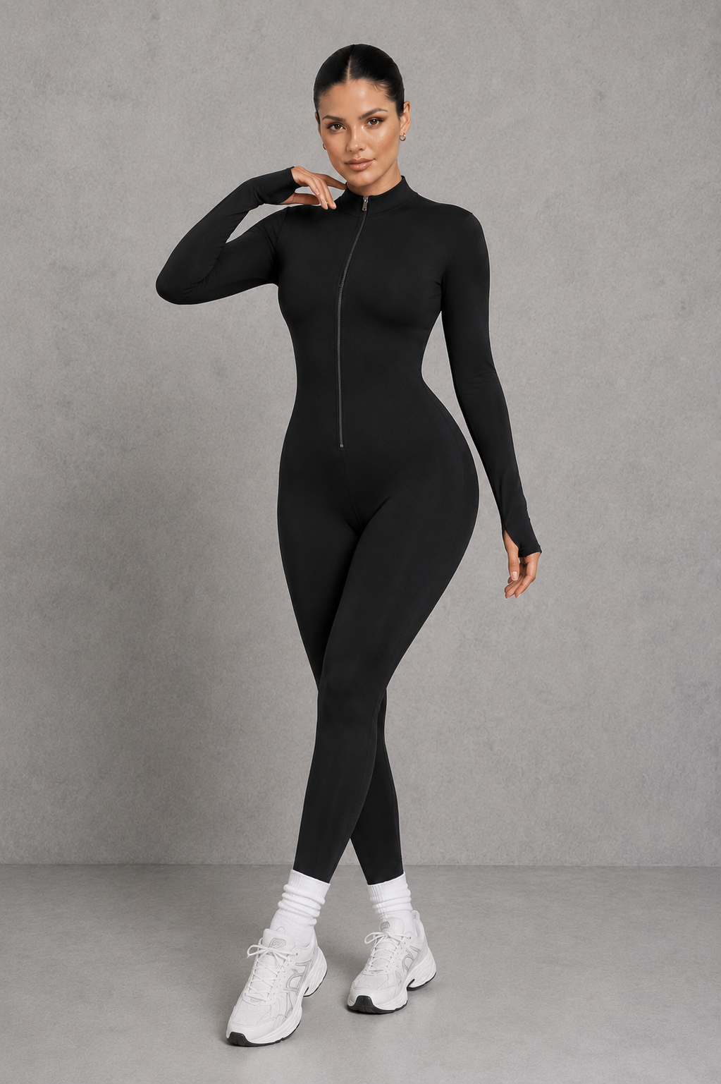 Sculp Long-Sleeve Zip-Front Sculpting Yoga Jumpsuit