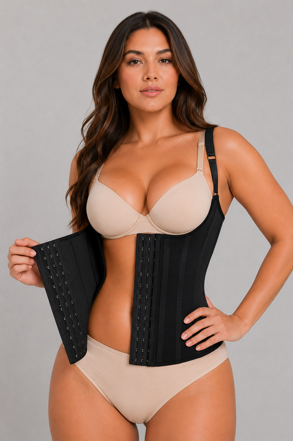 A woman modeling a black waist trainer corset over a beige bra and matching underwear, holding one side of the black waist support panel open against a plain gray studio background.